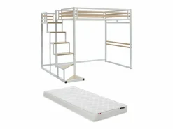 Vente-unique Cama alta JOGUI de metal y MDF de 140 x 200 cm con colchón