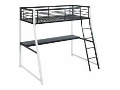 Hot Vente-unique Cama alta MALICIA - 90 x 190 cm - escritorio rinconero integrado Negro / Blanco