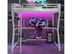 OKWISH Cama alta para adultos 140x200 cm, blanca, con luz LED y USB, escritorio - sin colchón