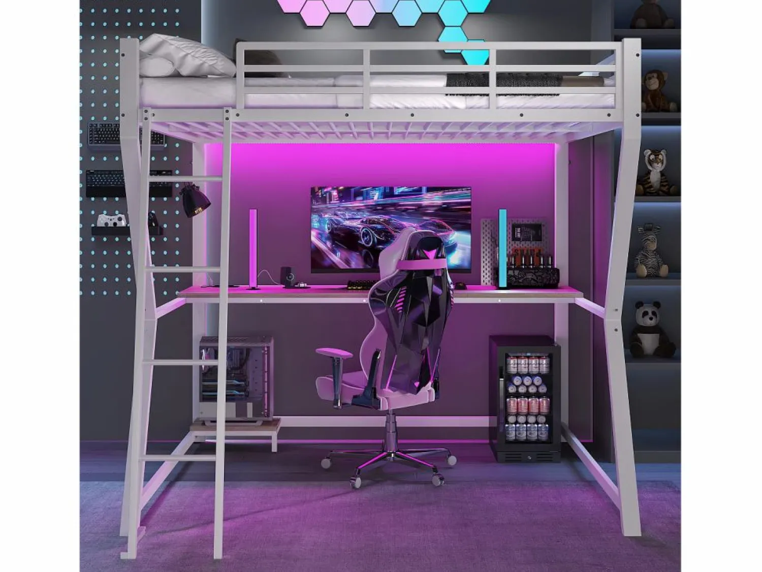 OKWISH Cama alta para adultos 140x200 cm, blanca, con luz LED y USB, escritorio - sin colchón