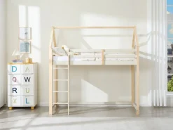 Clearance Cama alta tipo cabaña 90 x 190 cm pino macizo y natural - TARZIA Cama Montessori|Cama Alta