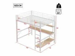 ModernLuxe Cama alta 140x200 cm - con barreras - con escalera - con USB y enchufes - con luz LED - con escritorio + estantes de varios niveles - (sin colchón)
