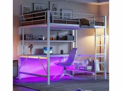 ModernLuxe Cama alta 140x200 cm - con barreras - con escalera - con USB y enchufes - con luz LED - con escritorio + estantes de varios niveles - (sin colchón)