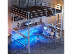 ModernLuxe Cama alta 140x200 cm - con barreras - con escalera - con USB y enchufes - con luz LED - con escritorio + estantes de varios niveles - (sin colchón)
