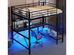 ModernLuxe Cama alta 140x200 cm - con barreras - con escalera - con USB y enchufes - con luz LED - con escritorio + estantes de varios niveles - negra (sin colchón)