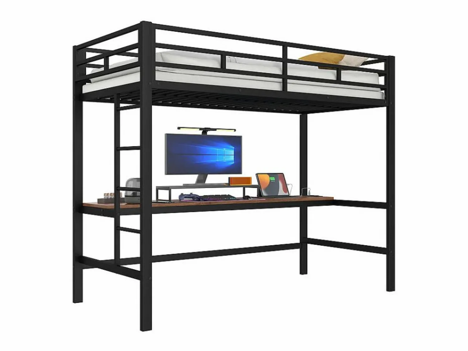 Discount ModernLuxe Cama alta 90x200 cm - con barreras - con escalera - mesa con USB y enchufes - tira de luz cableada - metal - (colchón no incluido) Negro