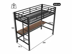 Discount ModernLuxe Cama alta 90x200 cm - con barreras - con escalera - mesa con USB y enchufes - tira de luz cableada - metal - (colchón no incluido) Negro