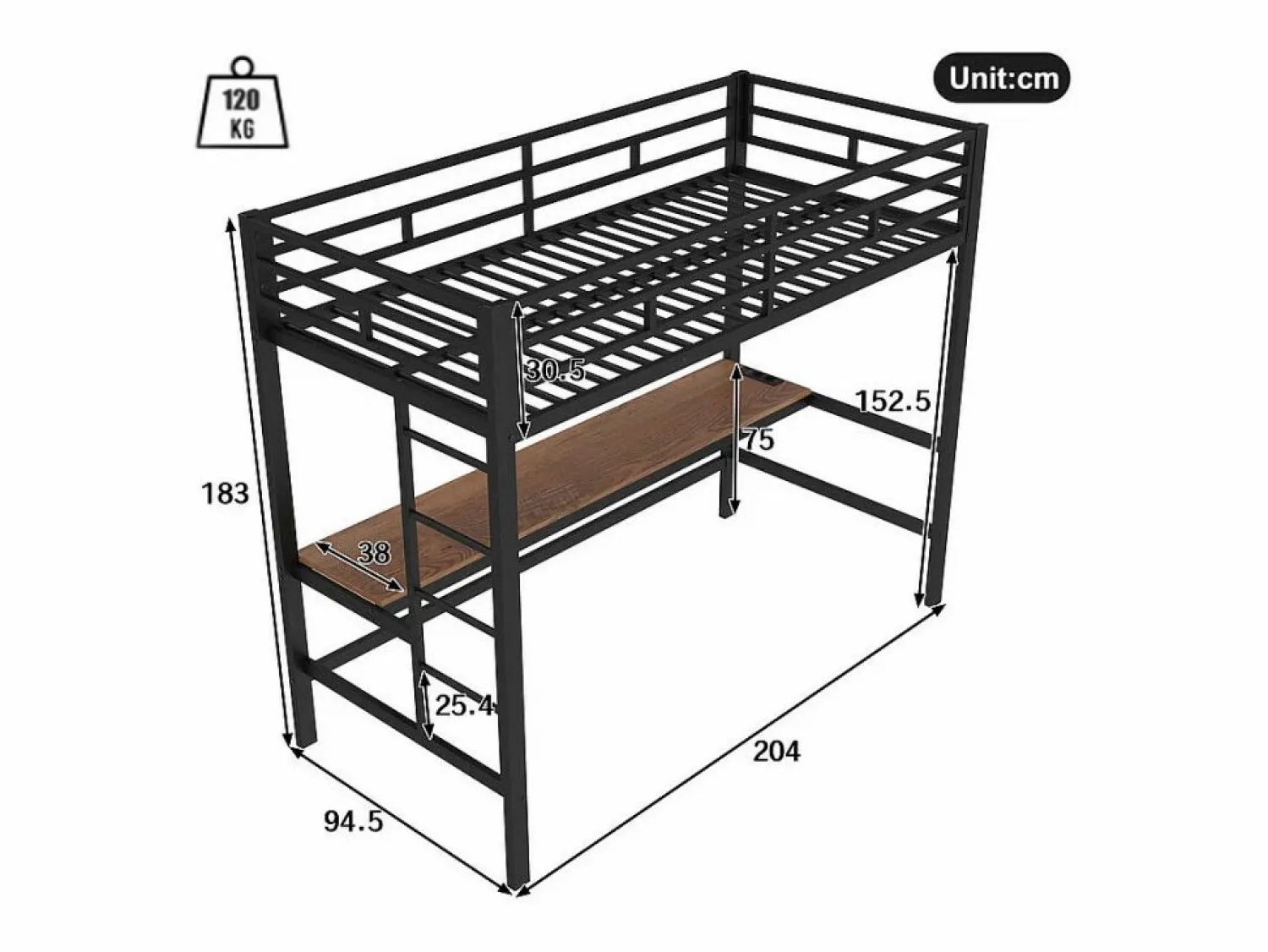 Discount ModernLuxe Cama alta 90x200 cm - con barreras - con escalera - mesa con USB y enchufes - tira de luz cableada - metal - (colchón no incluido) Negro