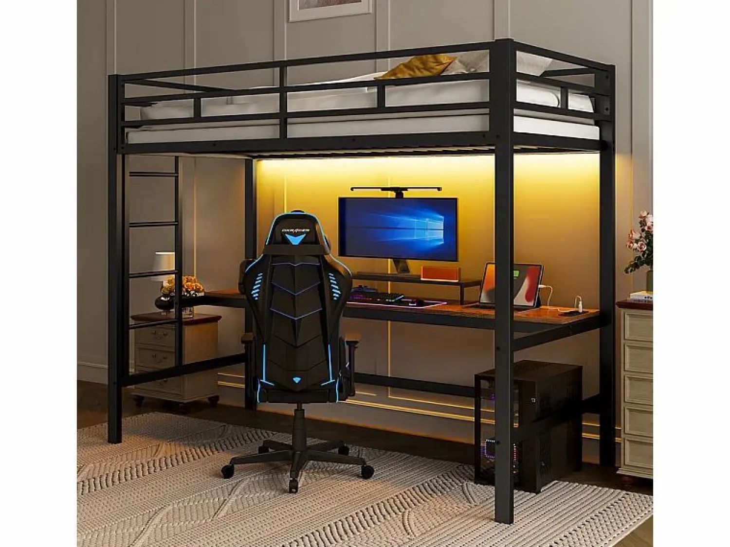 Discount ModernLuxe Cama alta 90x200 cm - con barreras - con escalera - mesa con USB y enchufes - tira de luz cableada - metal - (colchón no incluido) Negro