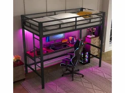 Discount ModernLuxe Cama alta 90x200 cm - con barreras - con escalera - mesa con USB y enchufes - tira de luz cableada - metal - (colchón no incluido) Negro