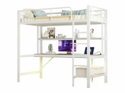 Clearance ModernLuxe Cama alta 90x200 cm - con barreras - con escalera - con USB y enchufes - con luz LED - con escritorio + estantes de varios niveles - (sin colchón) Blanco