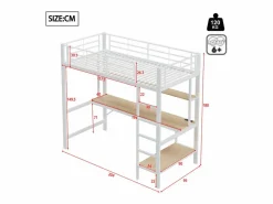 Clearance ModernLuxe Cama alta 90x200 cm - con barreras - con escalera - con USB y enchufes - con luz LED - con escritorio + estantes de varios niveles - (sin colchón) Blanco