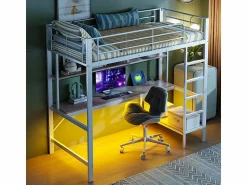 Clearance ModernLuxe Cama alta 90x200 cm - con barreras - con escalera - con USB y enchufes - con luz LED - con escritorio + estantes de varios niveles - (sin colchón) Blanco