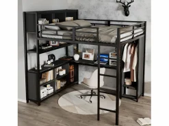 Outlet Cama alta 140x200 cm - con escritorio y estante de almacenamiento - con guardarropa - con escalera - Metal + tableros de partículas - Cama Alta
