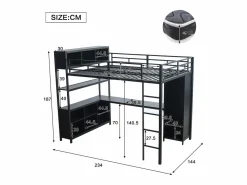Outlet Cama alta 140x200 cm - con escritorio y estante de almacenamiento - con guardarropa - con escalera - Metal + tableros de partículas - Cama Alta