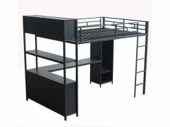 Outlet Cama alta 140x200 cm - con escritorio y estante de almacenamiento - con guardarropa - con escalera - Metal + tableros de partículas - Cama Alta