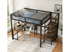 ModernLuxe Cama alta 140x200 cm - estructura de hierro - con escritorio y estantes -