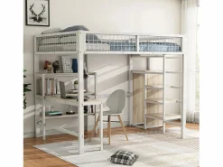 Best ModernLuxe Cama alta 140x200 cm - estructura de hierro - con escritorio y estantes - Blanco