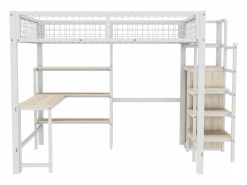 Best ModernLuxe Cama alta 140x200 cm - estructura de hierro - con escritorio y estantes - Blanco