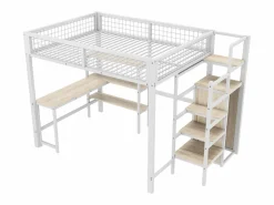 Best ModernLuxe Cama alta 140x200 cm - estructura de hierro - con escritorio y estantes - Blanco