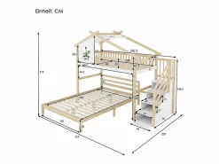 Cama alta 90x200 cm, barandillas, escalera con almacenaje, ventana, estructura de casa, cama inferior 140x200 cm /natural