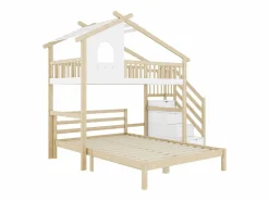 Cama alta 90x200 cm, barandillas, escalera con almacenaje, ventana, estructura de casa, cama inferior 140x200 cm /natural
