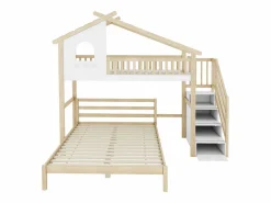 Cama alta 90x200 cm, barandillas, escalera con almacenaje, ventana, estructura de casa, cama inferior 140x200 cm /natural