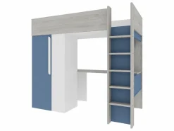Vente-unique Cama alta 90x200 cm con armario y escritorio en azul y blanco + colchón - NICOLAS