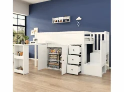 Clearance Merax Cama alta 90x200 cm con escritorio deslizante, armario y 3 cajones - MDF - (sin colchón) Blanco