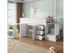 Clearance Merax Cama alta 90x200 cm con escritorio deslizante, armario y 3 cajones - MDF - (sin colchón) Blanco
