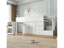 Clearance Merax Cama alta 90x200 cm con escritorio deslizante, armario y 3 cajones - MDF - (sin colchón) Blanco