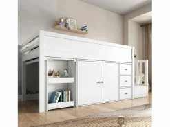 Clearance Merax Cama alta 90x200 cm con escritorio deslizante, armario y 3 cajones - MDF - (sin colchón) Blanco