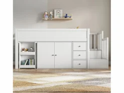 Clearance Merax Cama alta 90x200 cm con escritorio deslizante, armario y 3 cajones - MDF - (sin colchón) Blanco