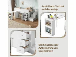 Clearance Merax Cama alta 90x200 cm con escritorio deslizante, armario y 3 cajones - MDF - (sin colchón) Blanco