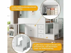 Clearance Merax Cama alta 90x200 cm con escritorio deslizante, armario y 3 cajones - MDF - (sin colchón) Blanco