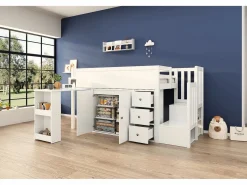 Clearance Merax Cama alta 90x200 cm con escritorio deslizante, armario y 3 cajones - MDF - (sin colchón) Blanco