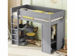 Best Merax Cama alta 90x200 cm con escritorio + 2 cajones - Armario con puerta corredera - Madera MDF - Gris
