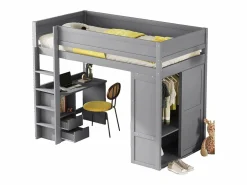 Best Merax Cama alta 90x200 cm con escritorio + 2 cajones - Armario con puerta corredera - Madera MDF - Gris