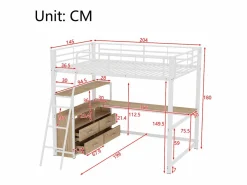 ModernLuxe Cama alta 140x200cm - escritorio esquinero con cajones - en MDF y metal -