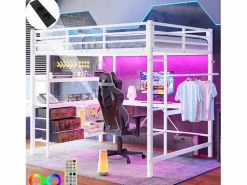 ModernLuxe Cama alta 140x200cm con LED y enchufes - escritorio con 3 cajones y balda -