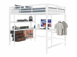 ModernLuxe Cama alta 140x200cm con LED y enchufes - escritorio con 3 cajones y balda -