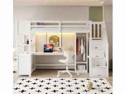 ModernLuxe Cama altillo 90×200 cm - con armario y escritorio - escalera con almacenamiento - con tomas de corriente y LED -