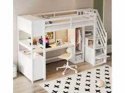 ModernLuxe Cama altillo 90×200 cm - con armario y escritorio - escalera con almacenamiento - con tomas de corriente y LED -