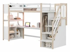 ModernLuxe Cama altillo 90×200 cm - con armario y escritorio - escalera con almacenamiento - con tomas de corriente y LED -