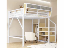 Outlet ModernLuxe Cama altillo 140×200 cm - con escalera - almacenamiento modular - metal - (sin colchón) Blanco