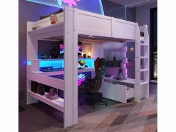 ModernLuxe Cama altillo 140×200 cm - con escritorio - con iluminación LED - con 1 cajón - con estante - (sin colchón)
