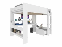 ModernLuxe Cama altillo 140×200 cm - con escritorio - con iluminación LED - con 1 cajón - con estante - (sin colchón)