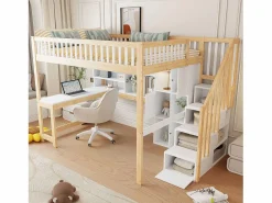 Sale ModernLuxe Cama altillo 140×200 cm - con iluminación LED - con escalera de almacenamiento - con estantes - con escritorio - Blanco + Natural (colchón no incluido) Color natural claro / Blanco