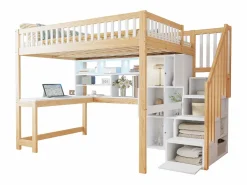 Sale ModernLuxe Cama altillo 140×200 cm - con iluminación LED - con escalera de almacenamiento - con estantes - con escritorio - Blanco + Natural (colchón no incluido) Color natural claro / Blanco