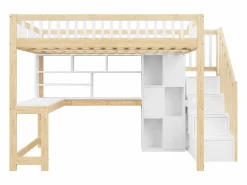 Sale ModernLuxe Cama altillo 140×200 cm - con iluminación LED - con escalera de almacenamiento - con estantes - con escritorio - Blanco + Natural (colchón no incluido) Color natural claro / Blanco